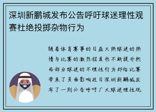 深圳新鹏城发布公告呼吁球迷理性观赛杜绝投掷杂物行为