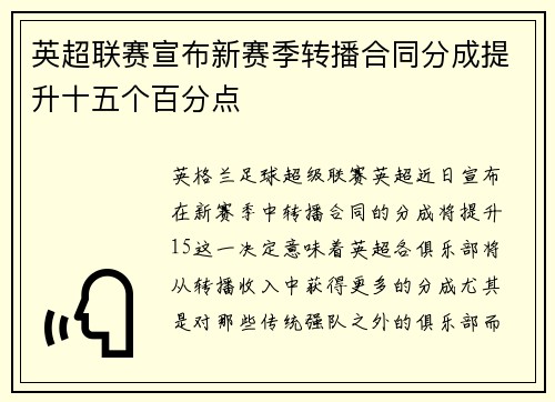 英超联赛宣布新赛季转播合同分成提升十五个百分点 英超联赛宣布新赛季转播合同分成提升十五个百分点